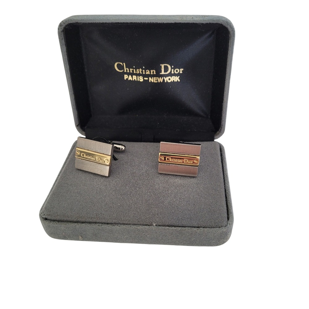 Christian Dior Vintage Two Tone Silver Gold Logo Rectangular Cufflinks with Box